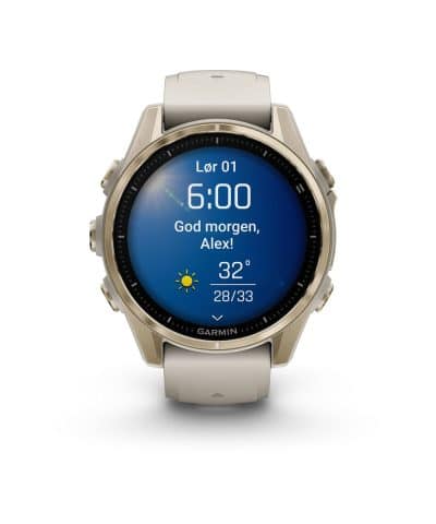 Garmin fēnix® 8–43 mm, AMOLED - Sapphire, Soft Gold med tåkegrå/mørk sandsteinsfarget silikonrem - Bilde 2