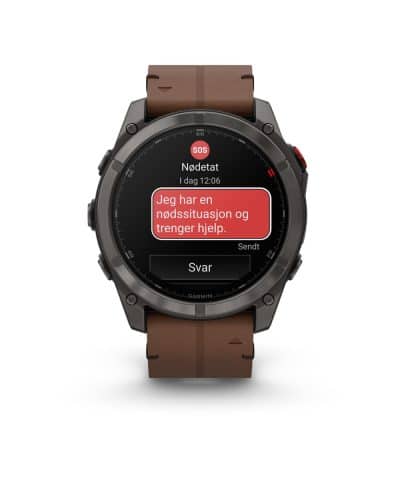 Alternative view of Garmin fēnix® 8 Pro – 51 mm, AMOLED - Sapphire, Karbongrå DLC-titan med kastanjefarget skinnrem