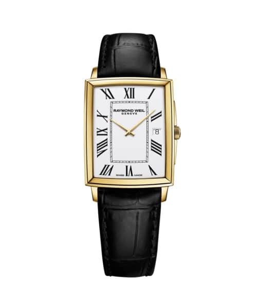 Raymond Weil Toccata Men's Classic Rectangular Gold PVD White Dial Leather Watch 37x29mm